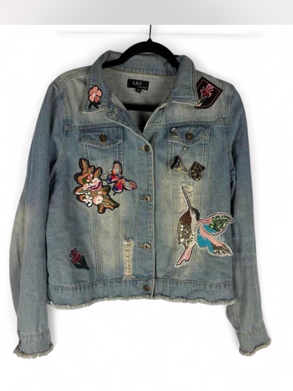 Frayed grungy Bikercore Jean jacket allover patches sequins distressed M